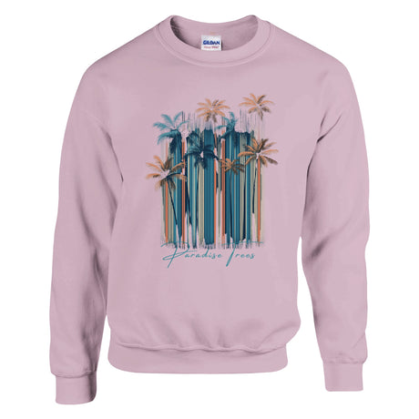 Pink sweatshirt with palm tree design and 'Paradise Found' text on a white background
