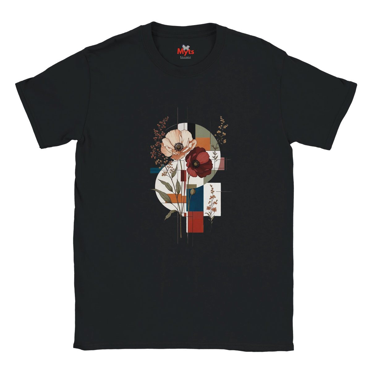 A black short-sleeve crewneck t-shirt with a central graphic print featuring abstract floral elements in red, beige, blue, and brown, displayed on a clean white background.