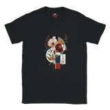 A black short-sleeve crewneck t-shirt with a central graphic print featuring abstract floral elements in red, beige, blue, and brown, displayed on a clean white background.