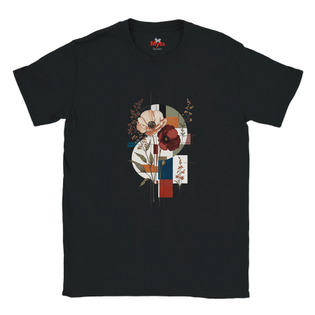 A black short-sleeve crewneck t-shirt with a central graphic print featuring abstract floral elements in red, beige, blue, and brown, displayed on a clean white background.