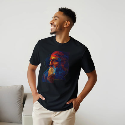 Man wearing a black t-shirt with a colorful graphic design, standing against a plain background.