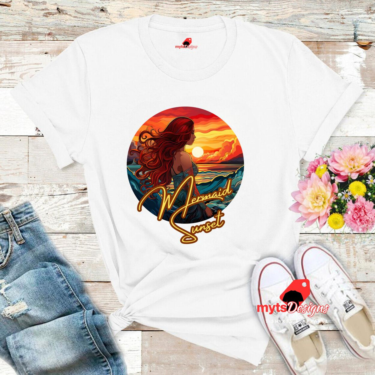 Retro Mermaid Sunset T-Shirt - 60s Pop Art Surf Design