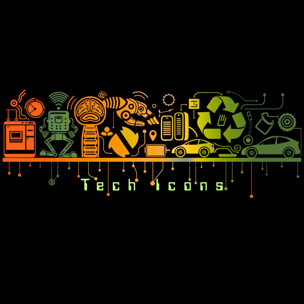 Tech icons with various symbols on a black background