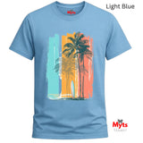 Light blue t-shirt with a tropical design featuring palm trees and surfboards on a white background.