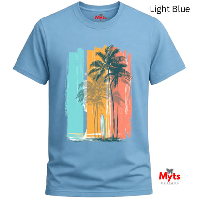 Light blue t-shirt with a tropical design featuring palm trees and surfboards on a white background.