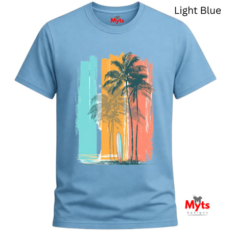 Light blue t-shirt with a tropical design featuring palm trees and surfboards on a white background.