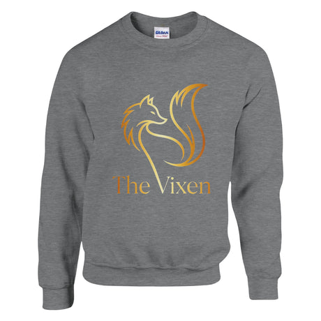 Gray sweatshirt with 'The Vixen' logo in gold on a white background
