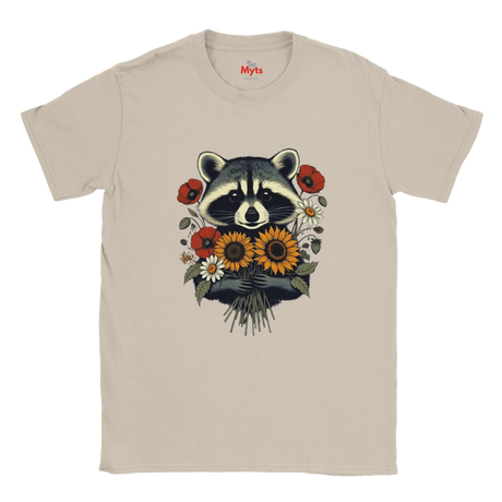 A Ice Grey crewneck t-shirt featuring a graphic print of a raccoon surrounded by sunflowers, red poppies, and white daisies, displayed on a clean white background.