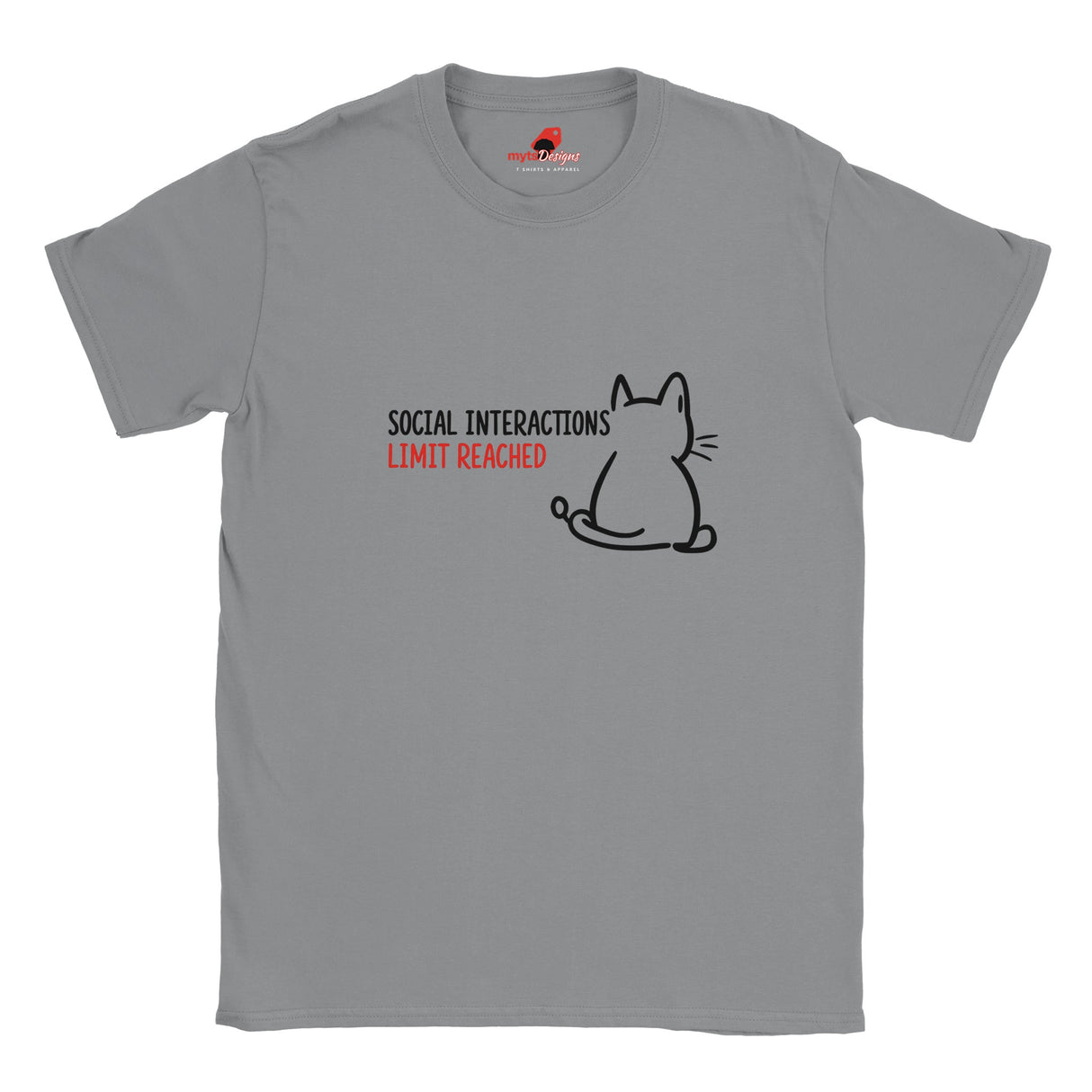 “White T-shirt laid flat with a minimal line art cat and text reading ‘Social Interactions Limit Reached’ in bold black and red font, humorous introvert design from MytsDesigns.com”

