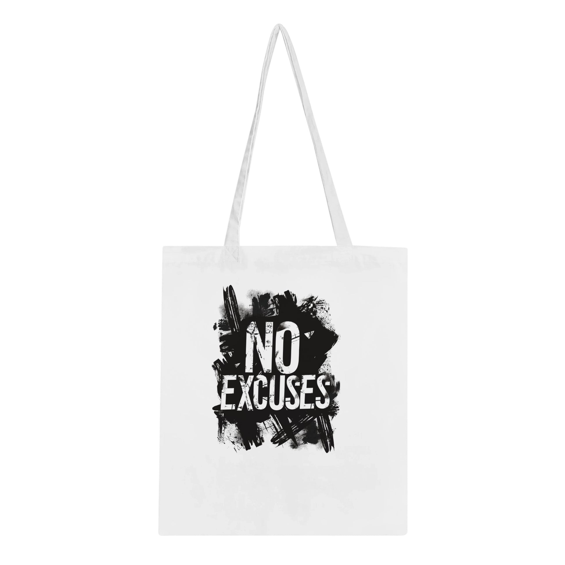 White tote bag with 'NO EXCUSES' text and black abstract design on a white background