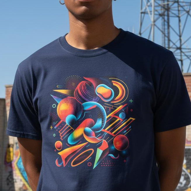 Person wearing a navy blue t-shirt with colorful abstract design in an urban setting