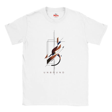 A white short-sleeve crewneck t-shirt featuring a central abstract graphic with geometric shapes in black, brown, and navy, and the word 'UNBOUND' printed below. The inner neck label shows the brand 'Myts'.