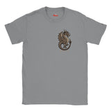 A gray short-sleeve crewneck t-shirt featuring a detailed graphic of a metallic bronze dragon on the left chest, with a red 'Myts' brand logo printed inside the collar.