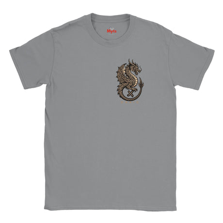 A gray short-sleeve crewneck t-shirt featuring a detailed graphic of a metallic bronze dragon on the left chest, with a red 'Myts' brand logo printed inside the collar.