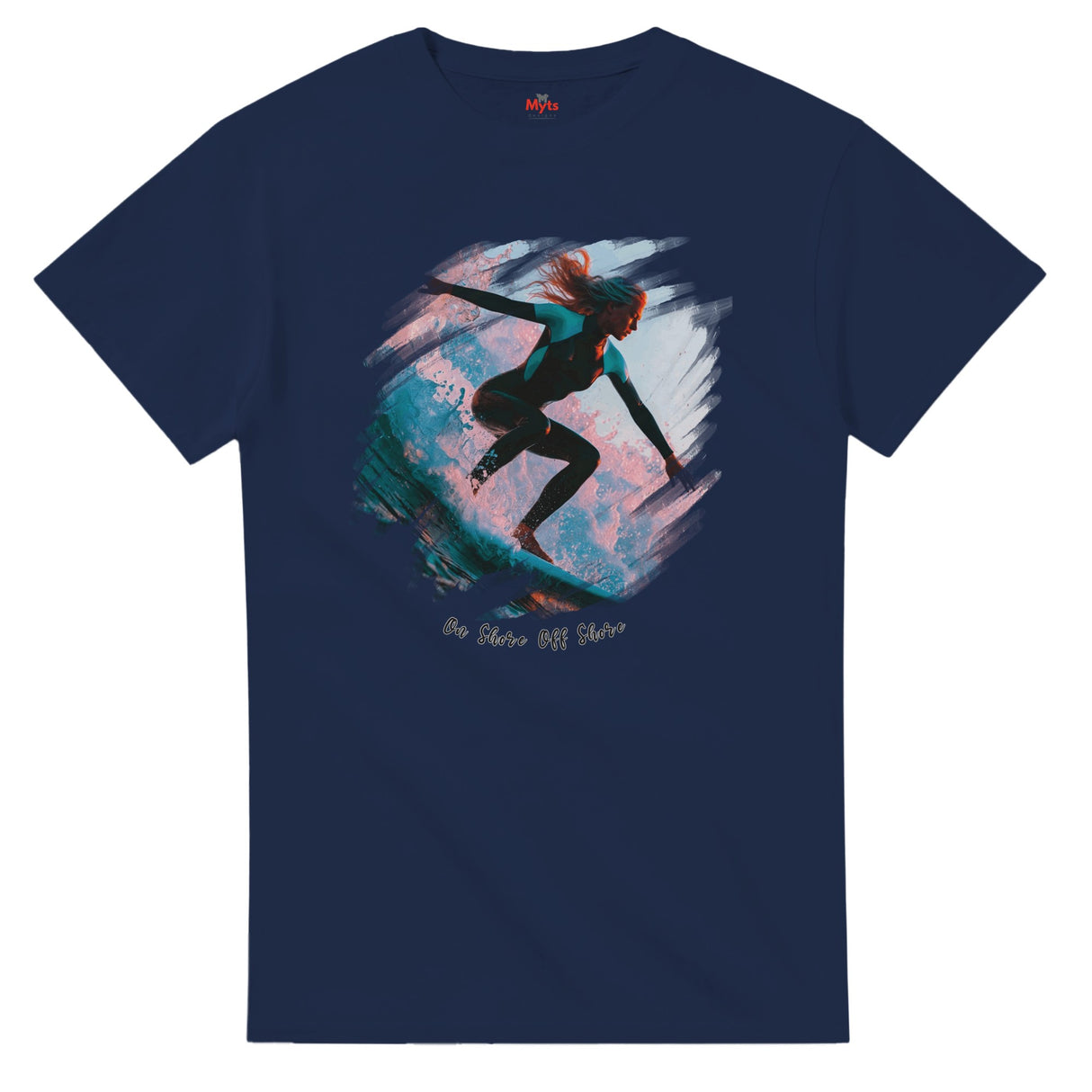 Navy blue t-shirt with a graphic of a person surfing on a wave design.