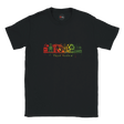 Black t-shirt with colorful graphic design on a white background