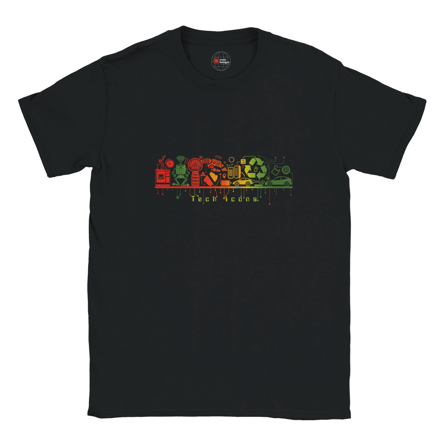 Black t-shirt with colorful graphic design on a white background