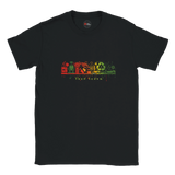 Black t-shirt with colorful graphic design on a white background