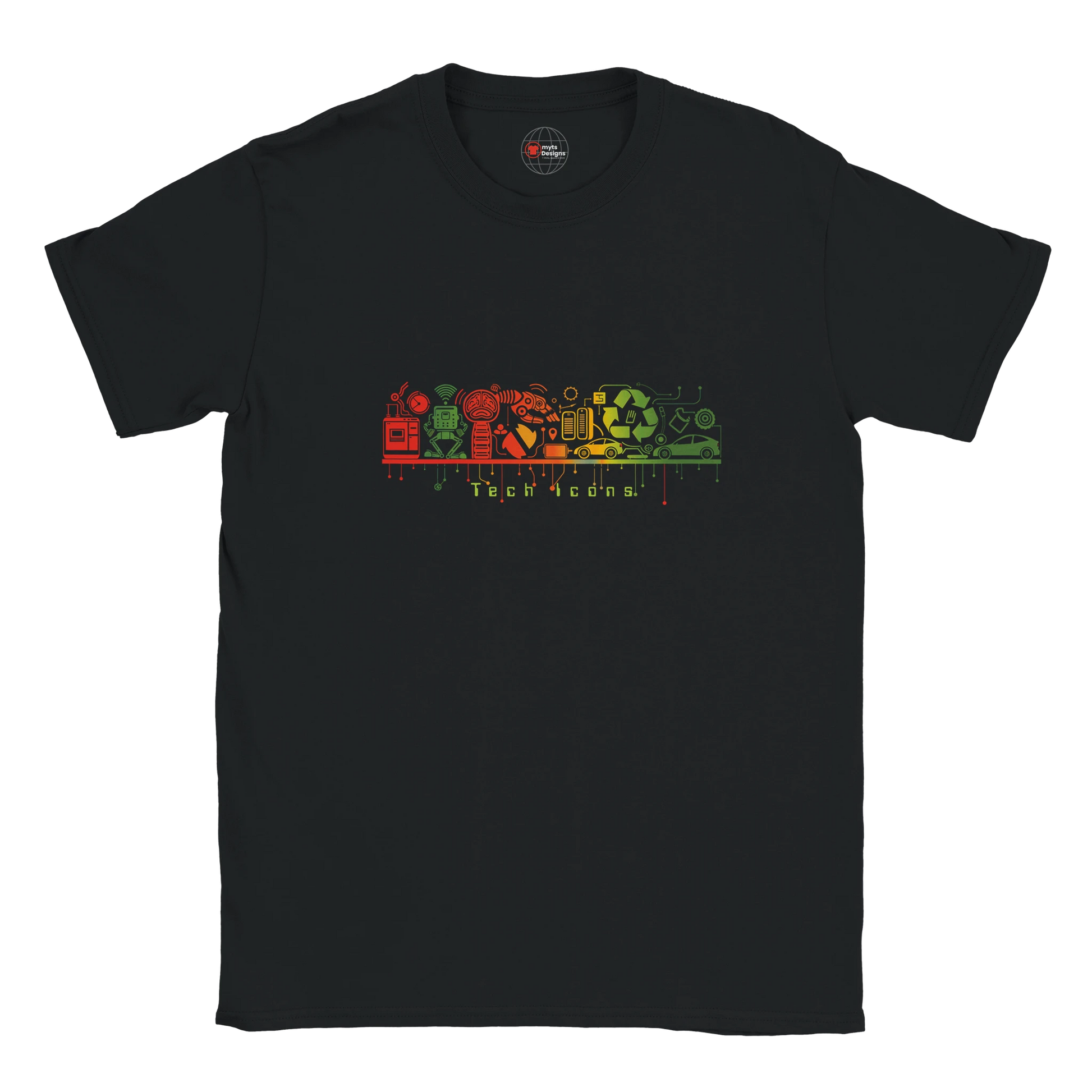 Black t-shirt with colorful graphic design on a white background