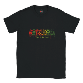 Black t-shirt with colorful graphic design on a white background