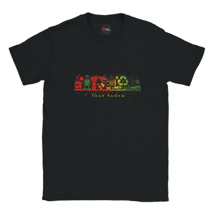 Black t-shirt with colorful graphic design on a white background