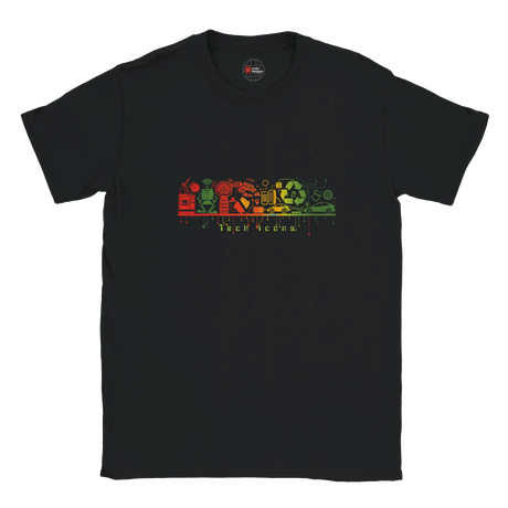 Black t-shirt with colorful graphic design on a white background