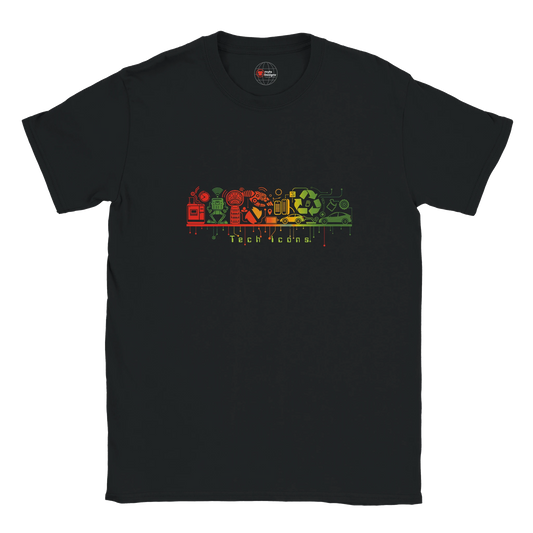 Black t-shirt with colorful graphic design on a white background