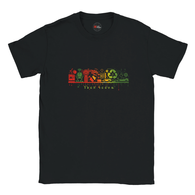 Black t-shirt with colorful graphic design on a white background