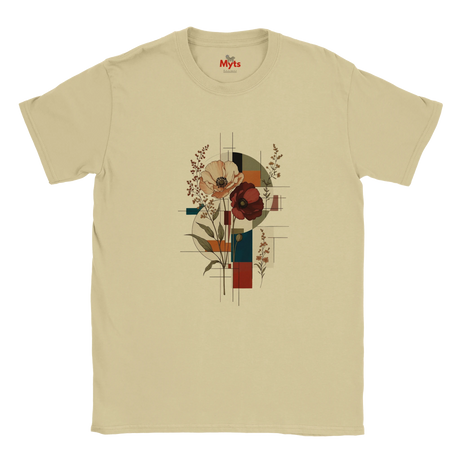 A beige crewneck t-shirt featuring a central graphic print of stylized flowers and geometric shapes in earthy tones, displayed on a clean white background.