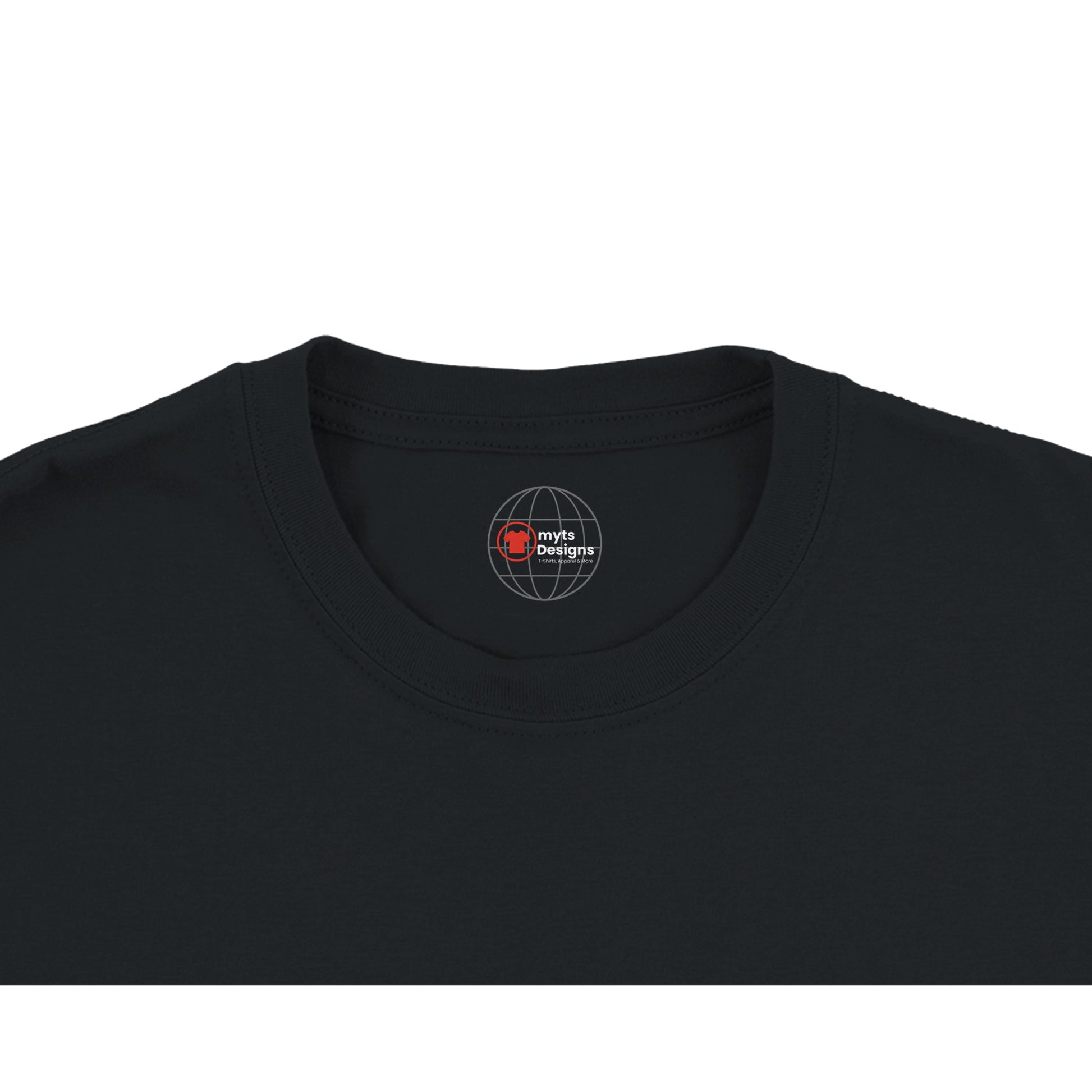 Black t-shirt with a logo on the collar against a white background