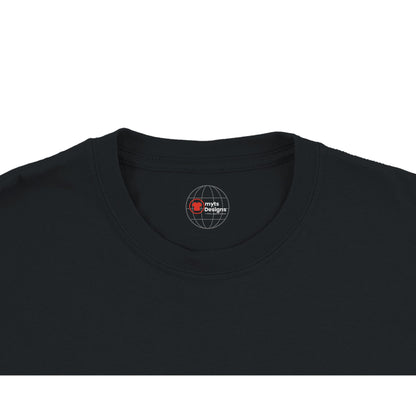 Black t-shirt with a logo on the collar against a white background