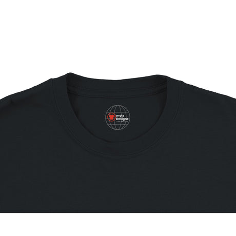 Black t-shirt with a logo on the collar against a white background