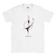 White t-shirt with minimalist geometric design and text on a white background