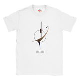 White t-shirt with minimalist geometric design and text on a white background