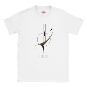 White t-shirt with minimalist geometric design and text on a white background