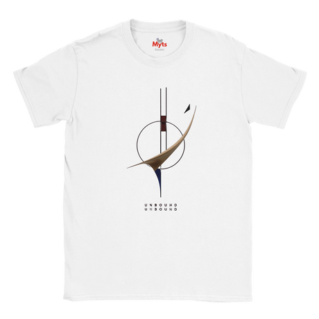 White t-shirt with minimalist geometric design and text on a white background