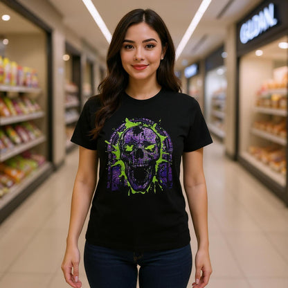 A woman wearing a black t-shirt with a colorful skull design in a supermarket.