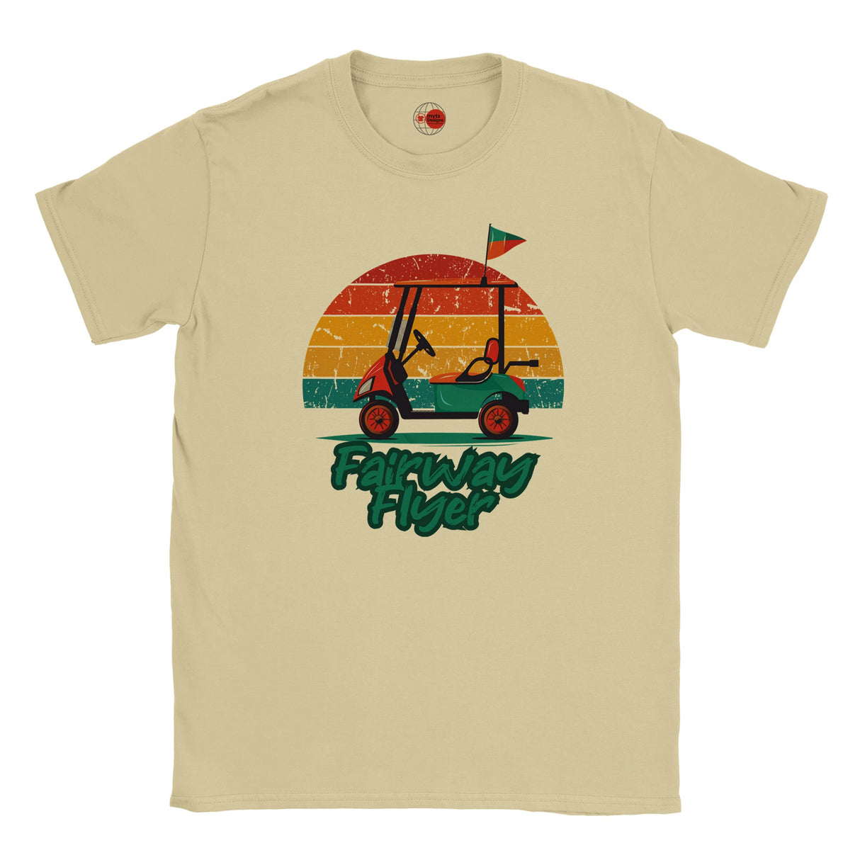 Natural t-shirt with a graphic of a golf cart and 'Fairway Flyer' text on a white background