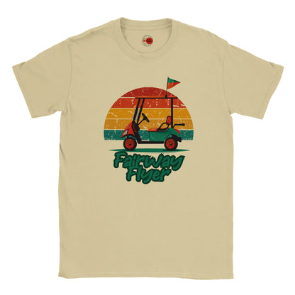 Natural t-shirt with a graphic of a golf cart and 'Fairway Flyer' text on a white background