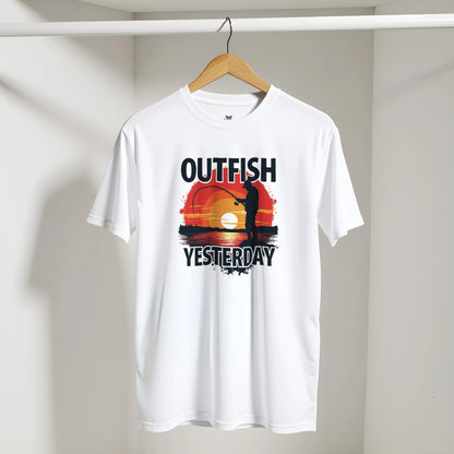 White t-shirt with 'Outfish Yesterday' design on a hanger against a white background