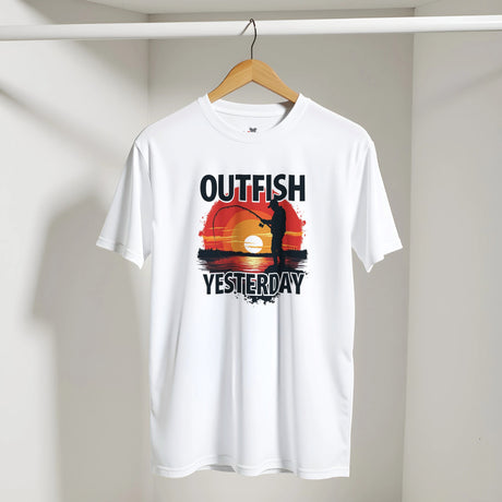 White t-shirt with 'Outfish Yesterday' design on a hanger against a white background