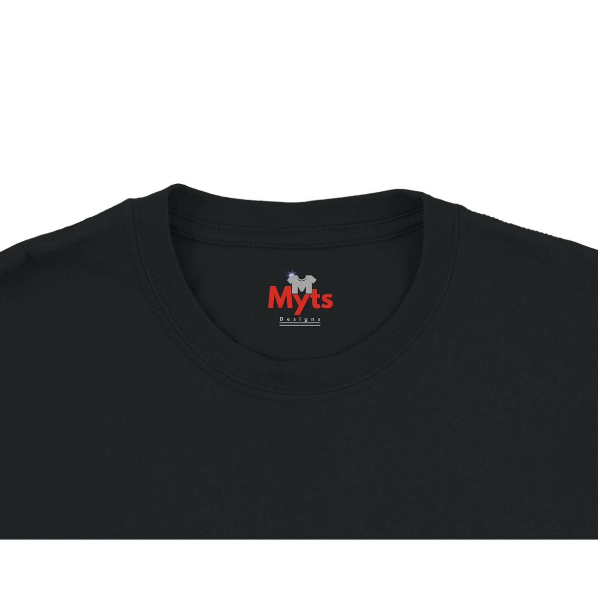 Close-up of a black crewneck t-shirt showing the inner neck label with the red and white 'Myts' brand logo.