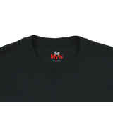Close-up of a black crewneck t-shirt showing the inner neck label with the red and white 'Myts' brand logo.