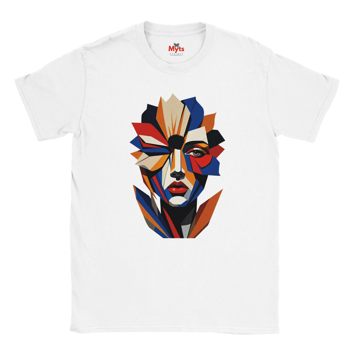 Abstract Geometric Face T-Shirt in White — bold geometric portrait art graphic tee by Mytsdesigns