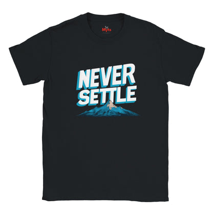 Black t-shirt with 'Never Settle' graphic design on a white background