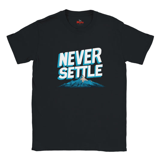 Black t-shirt with 'Never Settle' graphic design on a white background