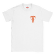 A white short-sleeve crewneck t-shirt featuring a small orange dragon graphic printed on the left chest, with the brand name 'Myths' visible inside the collar.