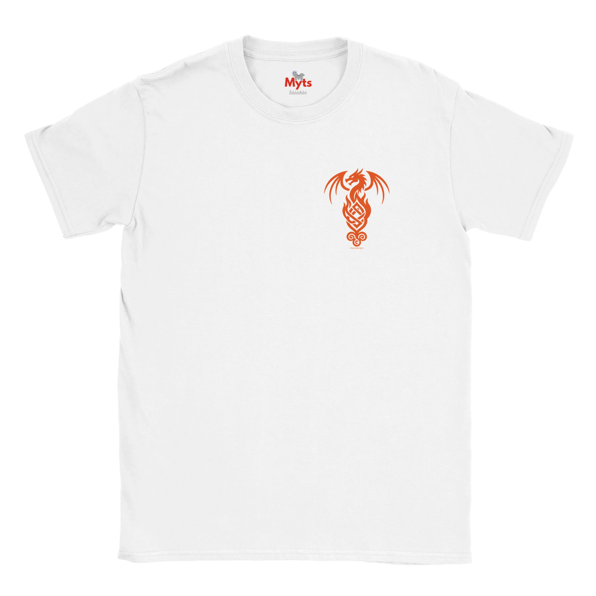 A white short-sleeve crewneck t-shirt featuring a small orange dragon graphic printed on the left chest, with the brand name 'Myths' visible inside the collar.