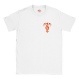 A white short-sleeve crewneck t-shirt featuring a small orange dragon graphic printed on the left chest, with the brand name 'Myths' visible inside the collar.