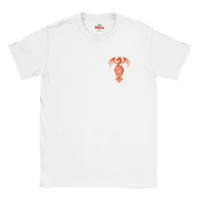 A white short-sleeve crewneck t-shirt featuring a small orange dragon graphic printed on the left chest, with the brand name 'Myths' visible inside the collar.